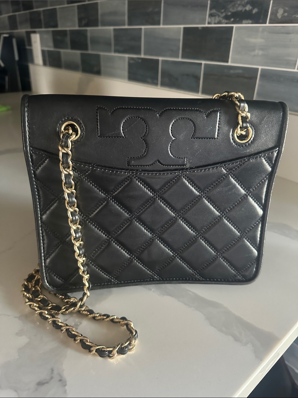Black Quilted Leather Shoulder Bag with Gold Chain